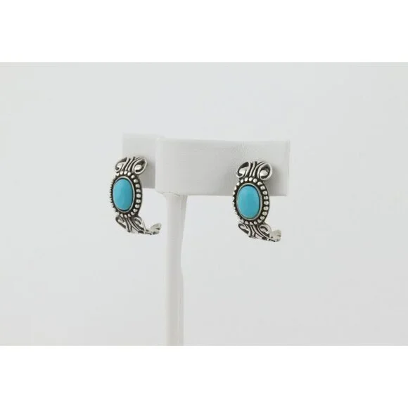 Sterling Silver Blue Turquoise Half Hoop Earrings Avon 3/4" x 3/8" - Picture 3 of 8